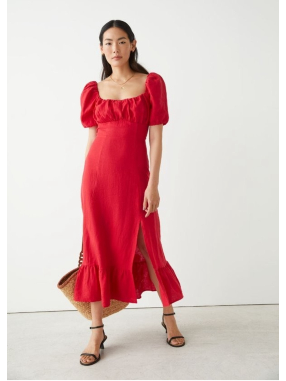 & Other Stories Red Puff-Sleeve Midi Dress